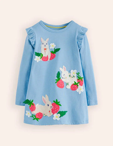 Bunny Strawberry Appliqué Long Sleeves Dress